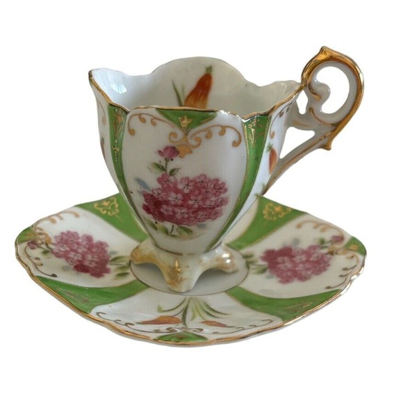 Ucago Japan Tea Cup Saucer Green Gold Floral Demitasse Mid century Square - Picture 2 of 9